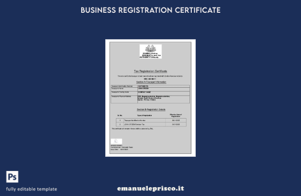 certificato di registrazione fiscale dello Zambia in stile verificato modello Wo